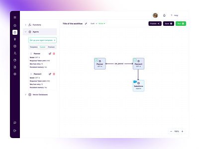 AI Workflow Builder ai ai agents ai workflows canvas clean design dashboard diagram functions gradients integrations panel salesforce settings ui ux workflows