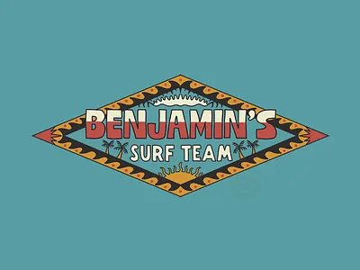 Benjamin's Surf Team Sticker 2000s 90s blue design graphic design illustration palm tree sun surf surf team surfboard vintage wave y2k