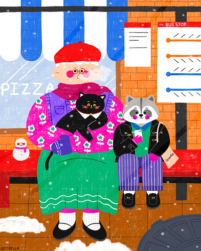 Bus Stop in Winter - Personal Works artwork busstop childrensbook digitalart illustration illustrator kidillustration kidlit racoon winter