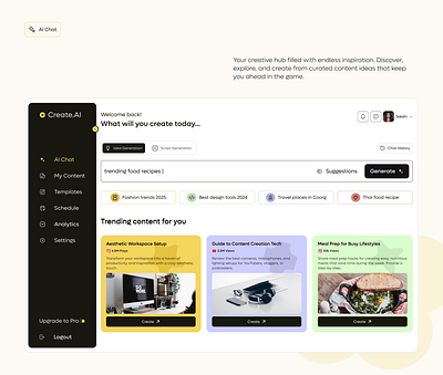 Create.AI- AI Tool for Social Media Content Creation ai brandidentity chatbot dashboarddesign designdaily designtrends dribbbleshowcase home screen ui minimaldesign responsive design saas uiuxdesign web app webdesign
