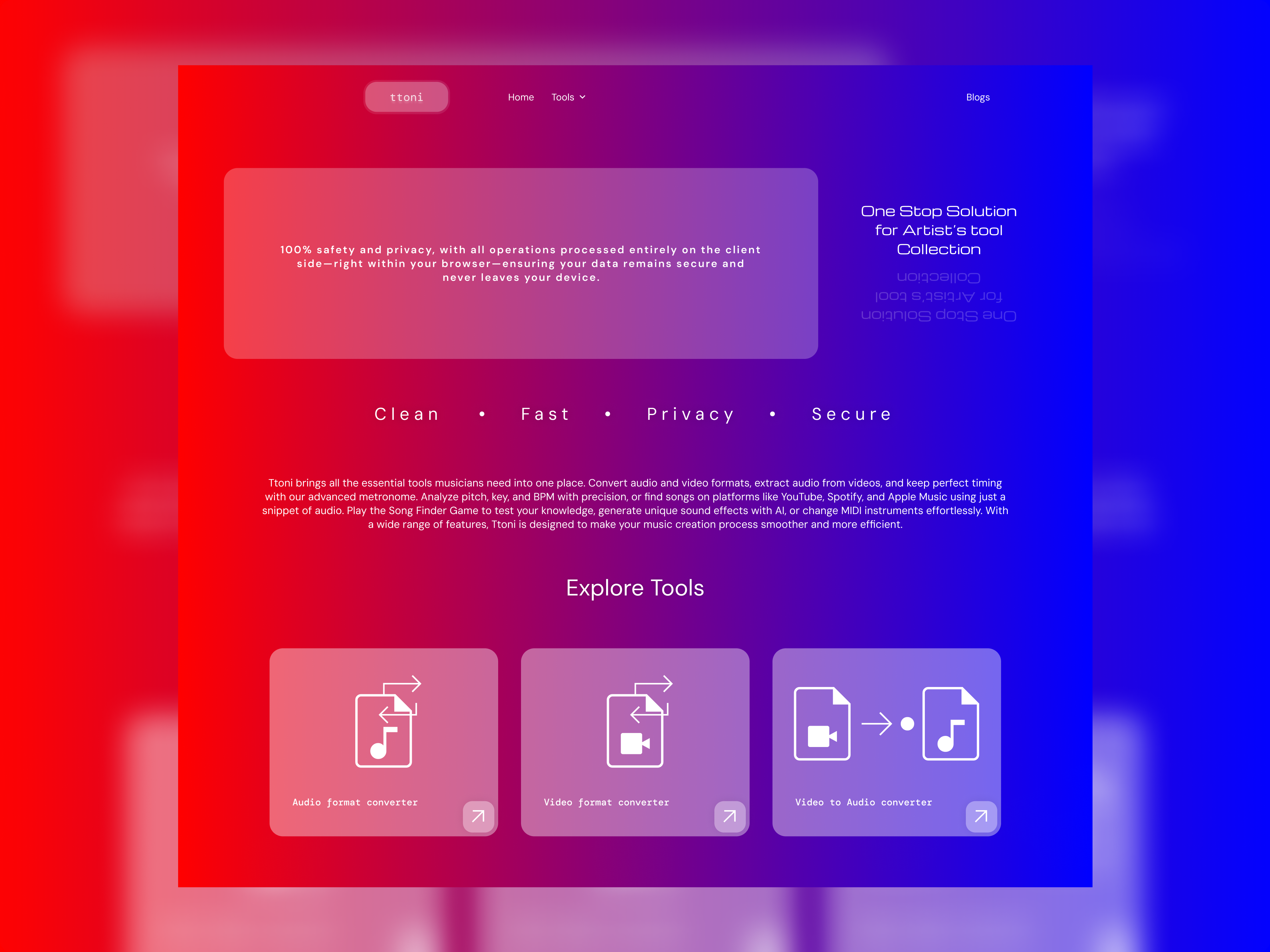 Music audio editing web app tool - Ttoni v2.0 app audio blue brand classic colorful glow gradient luxury minimalistic music onine red tool ttoni web