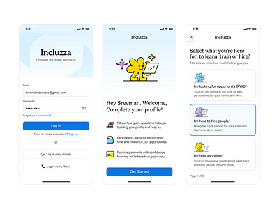 Incluzza - Onboarding job platform landing page login page logo mobile mobile design product product design ui web design website