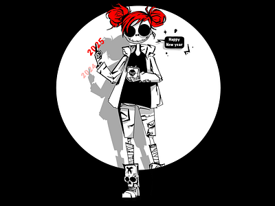 2025 2025 black and white design girl illustration new year procreate red