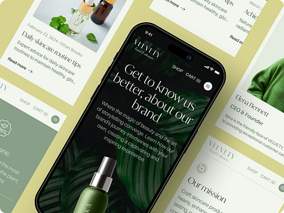 Velvety - Mobile Responsive Skincare Website About Us Section about us section beauty card clean cosmetics ecommerce elegant health image imagery minimalist modern online organic products responsive shopping skin ui website