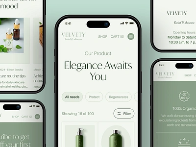 Velvety - Mobile Responsive Skincare Website Product Page beauty card clean cosmetics ecommerce elegant health image imagery minimalist mobile modern organic product page products responsive shopping skin uiux website