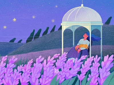 Lavender Night cat character emotion flower girl illustration lady landscape lavender nature night outdoor people uran