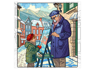 Vector illustration for a mobile app. Coloring. Winter Plein Ai app art artist branding city coloring design digital art grandfather grandson graphic design illustration mobile illustration plein air vector ​​town