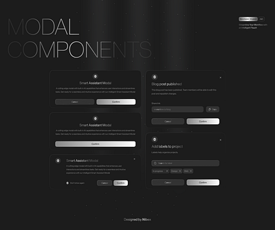 Modal Components 🔥 branding component dark mode dashboard design dashboard ui ecommerce website design figma gradient logo inspiration minimal modal modals components product design shadow ui ux