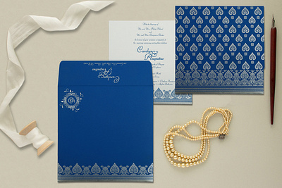 Blue Matte Screen Printed Wedding Invitation design save the date cards