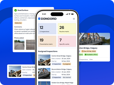 Concord | Inspection & Maintenance Mobile App android dasboard design annotations design documentation design system dev hand off inspection interaction design ios light dark mode listing maintenance management mobile app design onboarding progress prototype saas ui ux