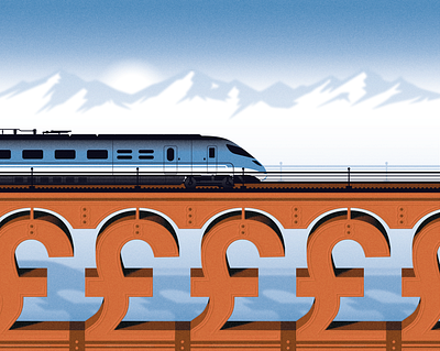 Cheap UK train travel (Which? Travel) bridge bullet conceptual illustration mountain train travel uk