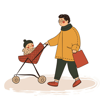 Father Walking with Baby in Stroller illustration minimalism