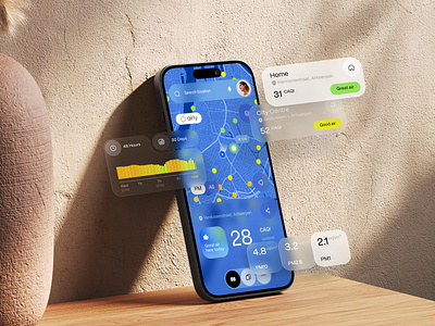 Air Quality Monitoring | Mobile App Redesign air quality app card data design graphic map mobile design product design saas service ui uiux ux