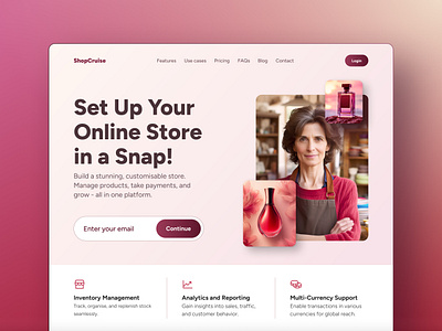 ShopCruise - Online business management platform amazon analytics branding catalog ecommerce faq fashion features hero section home page illustration landing page login product design product launch saas subscription ui ux web design