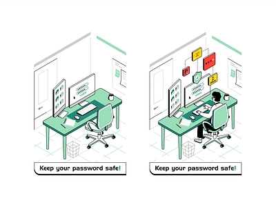 Keep password! branding character computer design desk encrypt graphic design icon set illustration infographic key office password safe safety shield store vector web page working