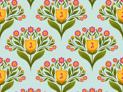 Seamless Hanukkah Pattern with Floral Dreidels dreidel flowers hanukkah illustration pattern pattern design seamless pattern surface pattern design