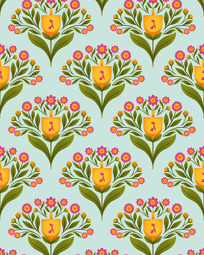 Seamless Hanukkah Pattern with Floral Dreidels dreidel flowers hanukkah illustration pattern pattern design seamless pattern surface pattern design