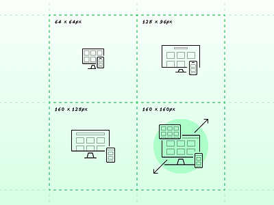 Large Icons Become Spot Illustrations 64px behind the scenes black and white grid icon illustration monitor phone process progress responsive screen sketch tablet ui wip work in progress