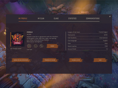 Guild Management UI – Crystal League crystalleague darktheme designshowcase gamedesign gameui gaminginterface guildmanagement uiux uxdesign