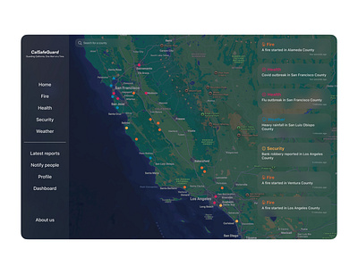 CalSafeGuard alerts blue dashboard glass green map reports ui design