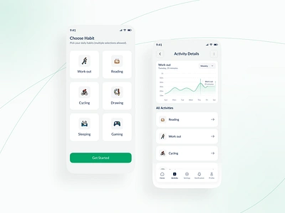 Habit tracker mobile application activity details card choose habit choose products details graph habit tracker app menu mobile app mobile navigation navigation pitch deck slides ui uiix ux