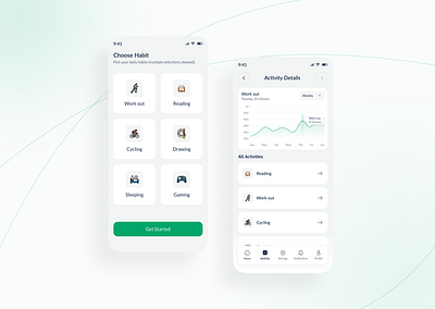 Habit tracker mobile application activity details card choose habit choose products details graph habit tracker app menu mobile app mobile navigation navigation pitch deck slides ui uiix ux