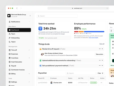 Worknest - HR Management Dashboard cansaas clean dashboard design employee hr hr dashboard hr management human resource interface minimalist product design saas ui ux