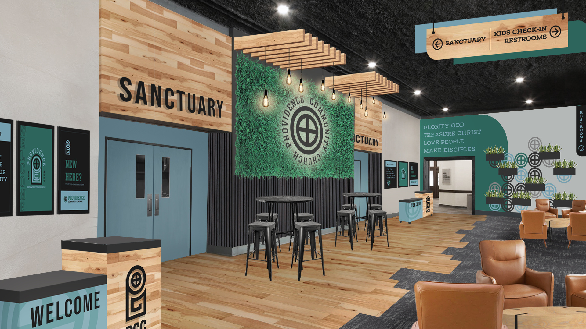 Church Lobby - Branded Environmental Design branded spaces branding church church design environmental graphics interior design spatial design