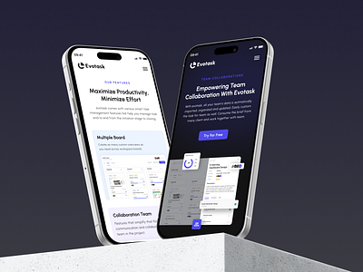 Evotask - Task Management Landing Page - Responsive Mockup app design framer landing page management task mobile project project management project timeline responisve task manager ui ui design ux webflow website