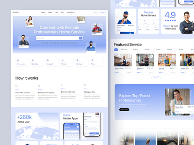 Homa - home service website bento blue booking cleaning connect electricity featured service handcraft homa home service landing page mechanic plumber professionals repair search web tertimonials uiux web design website