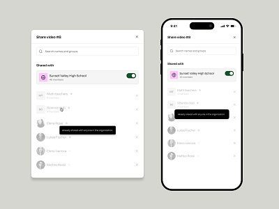 Share video clean collaborative tools design design system mobile design modal organization responsive share toggle ui uidesign uidesigner uiux userexperience userinterface ux video share web app webdesign