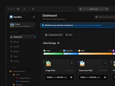 Aerobox - Clouds Storage Dashboard 🗂️ card cloud storage darkmode dashboard dashboard darkmode dashboard storage details drive file folder google drive gradient graphic design product design saas saas dark storage app storage drive ui ux