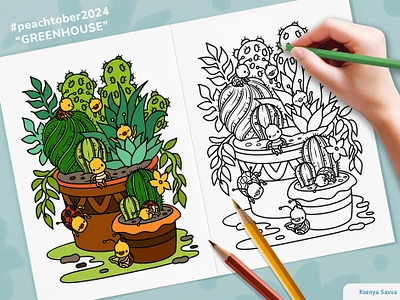 Coloring page - Cute cartoon ladybugs on cacti and succulents adobe illustrator black and white book cacti cartoon character children coloring cute design flowers for kids houseplant illustration ladybug nature page succulent vector