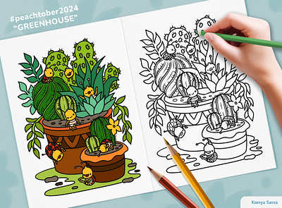 Coloring page - Cute cartoon ladybugs on cacti and succulents adobe illustrator black and white book cacti cartoon character children coloring cute design flowers for kids houseplant illustration ladybug nature page succulent vector