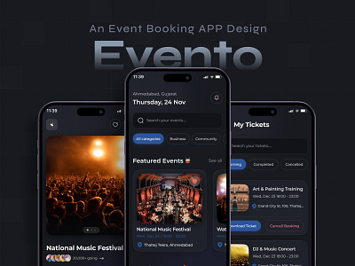 Event Booking App – A Seamless Experience Redefined! app design app ui app ux booking branding creative design dark mode design event event booking figma illustration landing page mobile app profile ticket ui user friendly