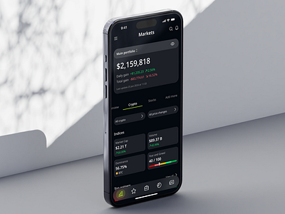 Investment Tracking App | Markets Overview analytics appdesign cleandesign crypto daily ui dark mode dashboard datavisualization designinspiration financeapp fintech interactiondesign marketoverview minimaldesign mobileapp modernui stocks ui ui trends ux