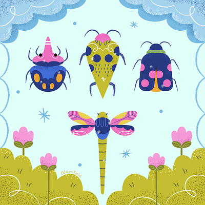 Textured Insects Illustration animal animal illustration bug character colorful cute design flower illustration insect textured