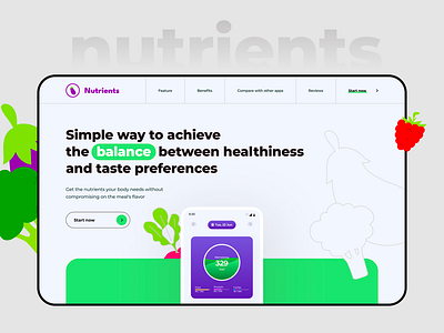 Nutrients App — Landing Page and Application app app design clean clean design diet fruit healt tech health healthy landing page modern illustrations nutrients product product design technology ui user interface vegetables web web design