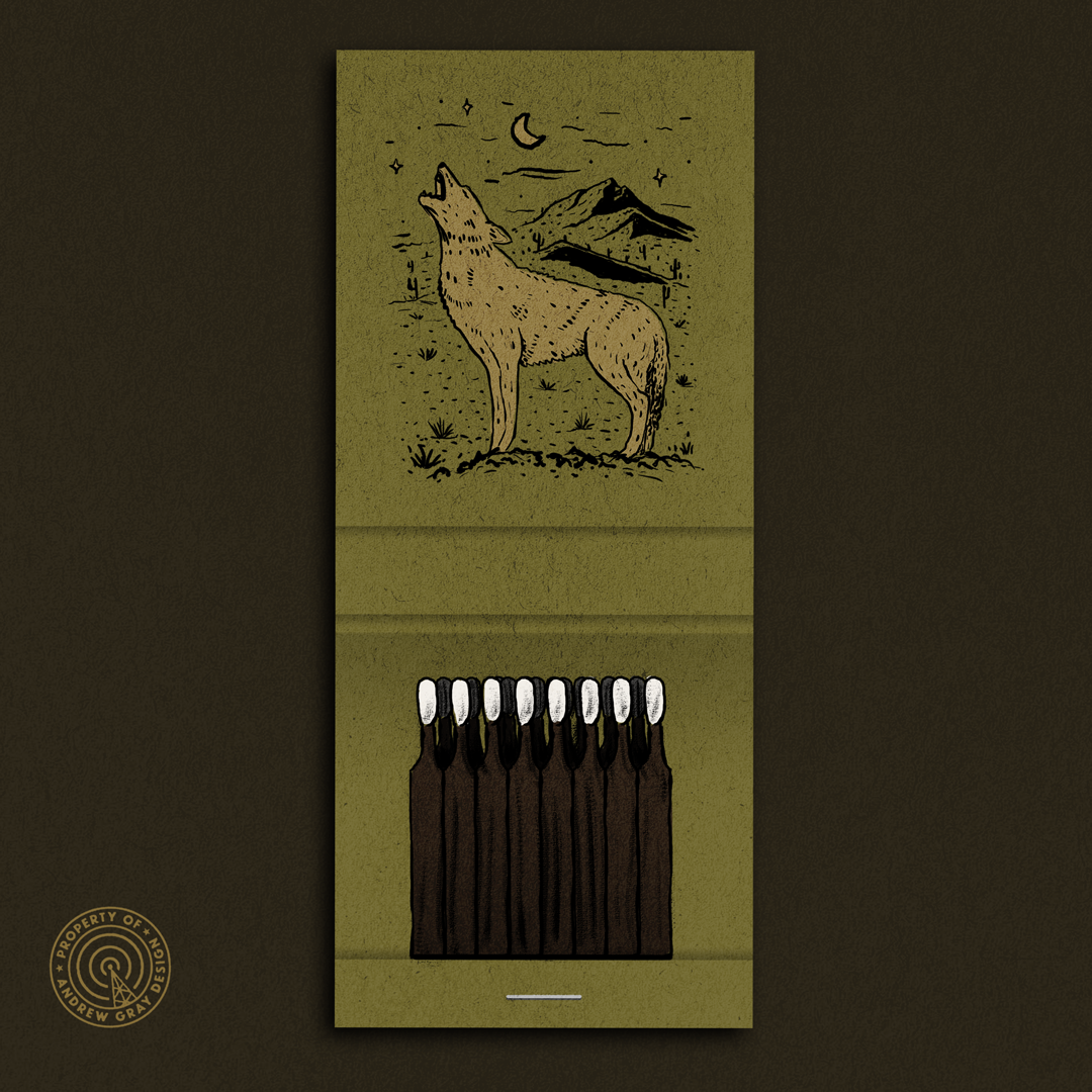 El Coyote animals cactus coyote desert graphic design illustration matchbox matches mountain nature packaging stars wolf