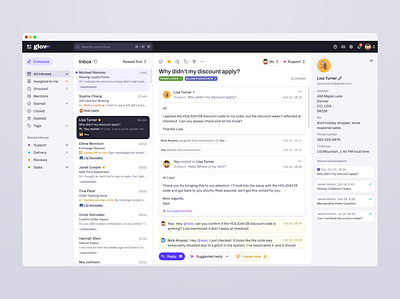 Glow — Customer Support Management System. Inbox app cards clean customer support management dashboard interface product design ui ux