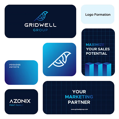 Animated visual identity for Gridwell group bird logo animation bento bento animation bird logo brand board brand identity branding g logo icon letter g logo minimal modern motion motion graphics nature sparrow stats visual identity