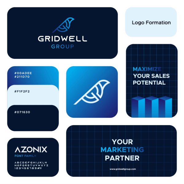 Animated bento-style visual identity for Gridwell group animation bento branding logo