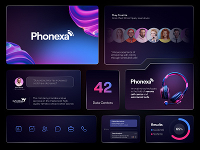 Phonexa: Bento Design 3d bent bento bento design bento grid branding call call center color dark graphic design icons logo ui