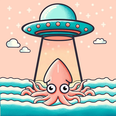 The UFO and the Kraken amateur cartoon character creation digital art digital illustration illustration minimal pink ufo