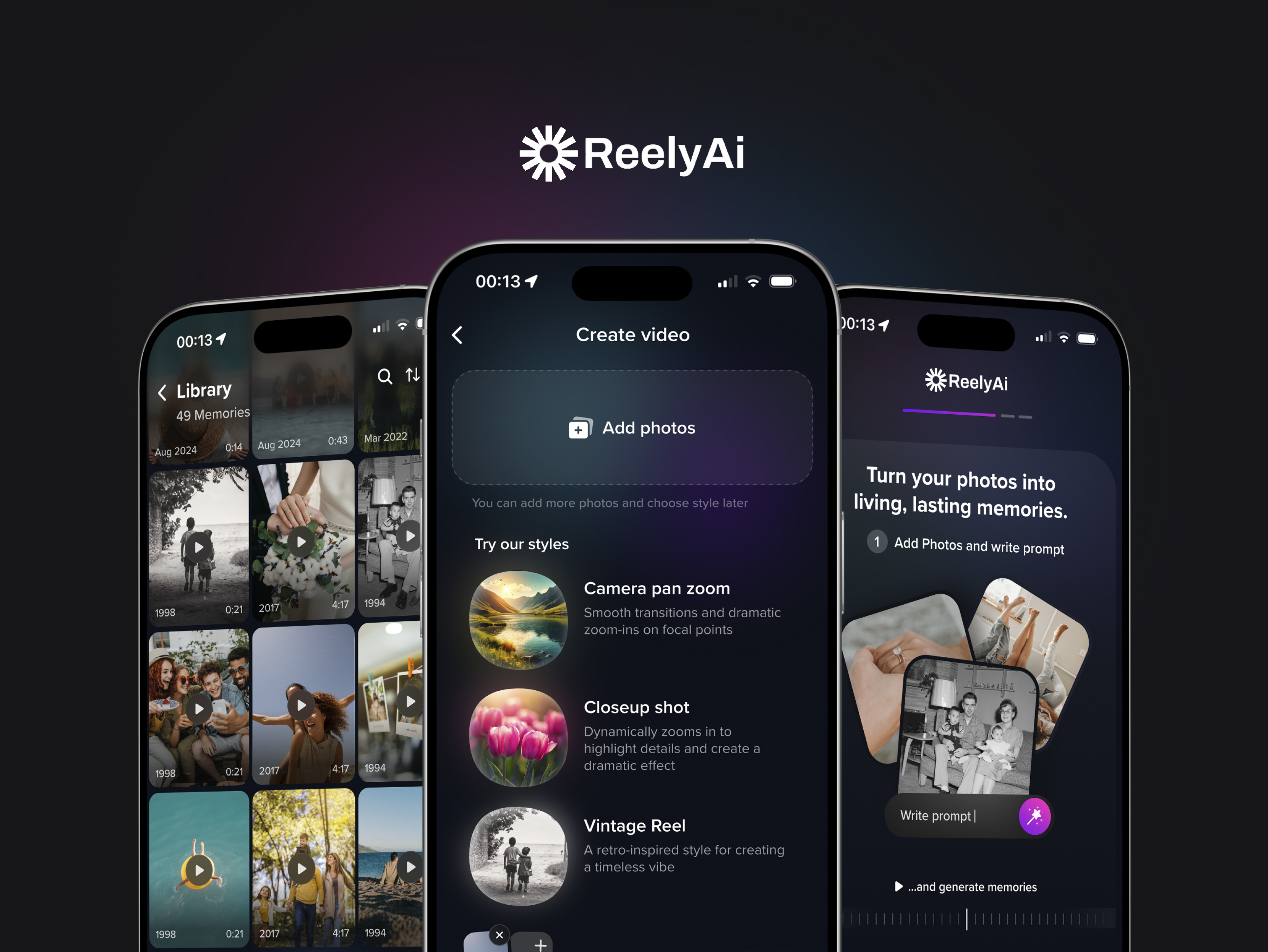 AI Generated Videos - Reely AI App ai ai assistant app app design capture design gallery generate iphone mockup memories midjourney mobile mobile app photo scan style ui ux design video video edit