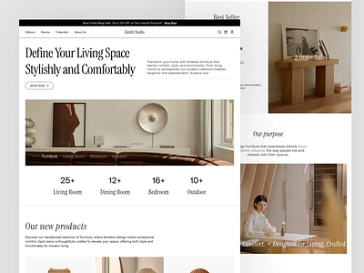 Zenith Studio - Furniture Landing Page architect branding brown clean design e commerce furniture minimalist portfolio property real estate ui ux web design