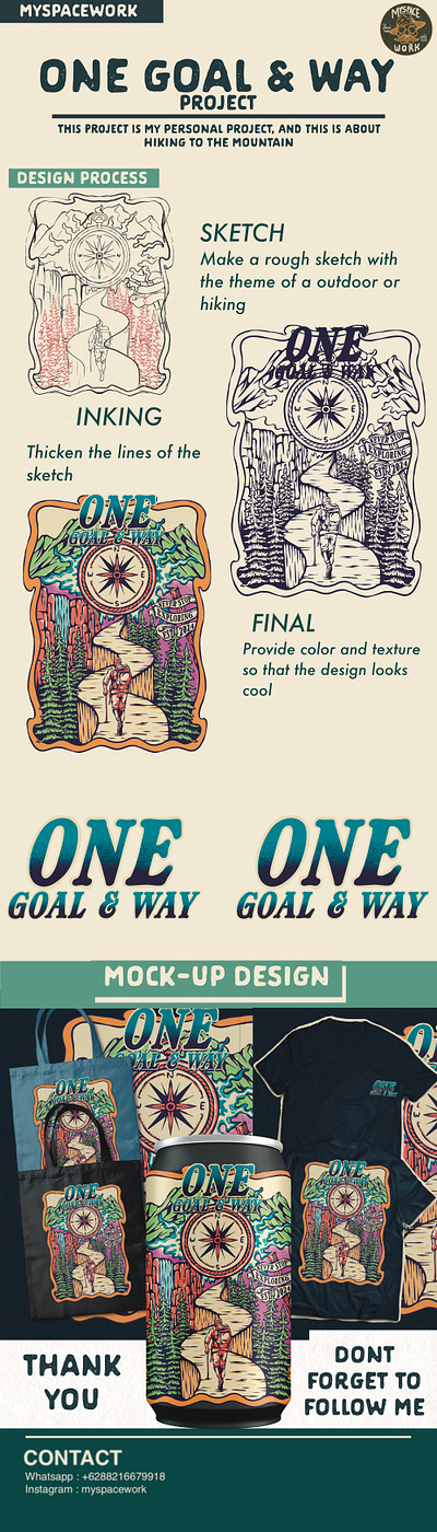 ONE GOAL & WAY adventure apparel badge camp clothing digitalart drawing explore handdrawn hiking illustration logo merchandise nature outdoor poster sticker tshirt vector vintage