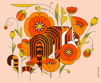 Tiger Among the Poppies 2d art american asian blend field flora flower geometric identity illustration lion nature orange outdoors poppies poppy procreate procreateapp stripes tiger