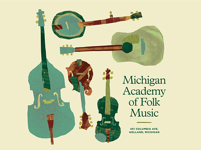 Michigan Academy of Folk Music academy banjo bass branding carle collage eric fiddle folk guitar mandolin michigan music violin