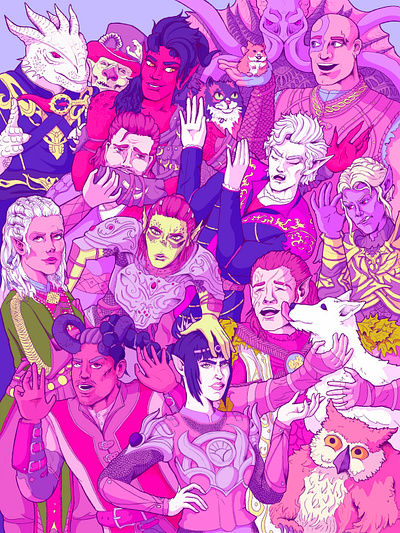 Baldur's Gate Collage character collage design digital fan art graphic design illustration pastel pink portrait poster procreate video games